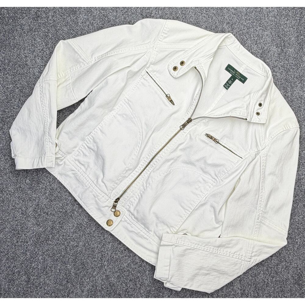 Lauren Jeans Co Ralph Lauren Womens XL White Denim Moto Jacket Zip Stretch